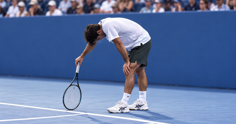 Tired tennis player between points